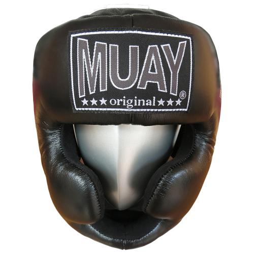 Casque de boxe MUAY noir avec mentonnière en cuir - velcro