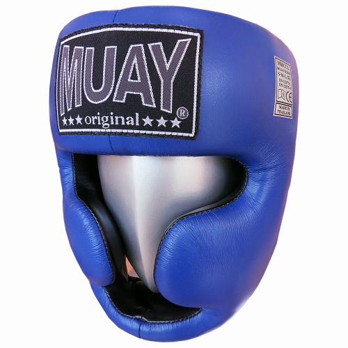 Casque de boxe MUAY bleu avec mentonnière en cuir - velcro