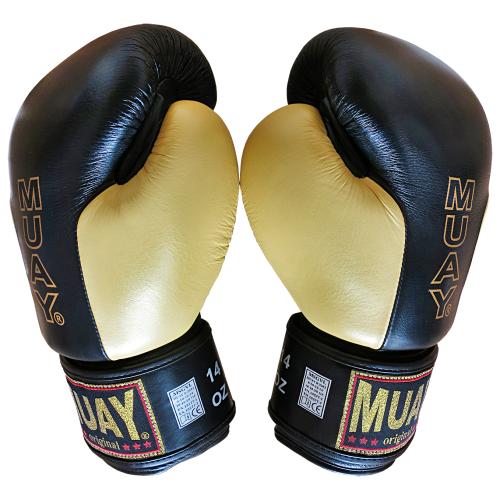 Gants de boxe MUAY Premium noir/or en cuir - velcro -la paire